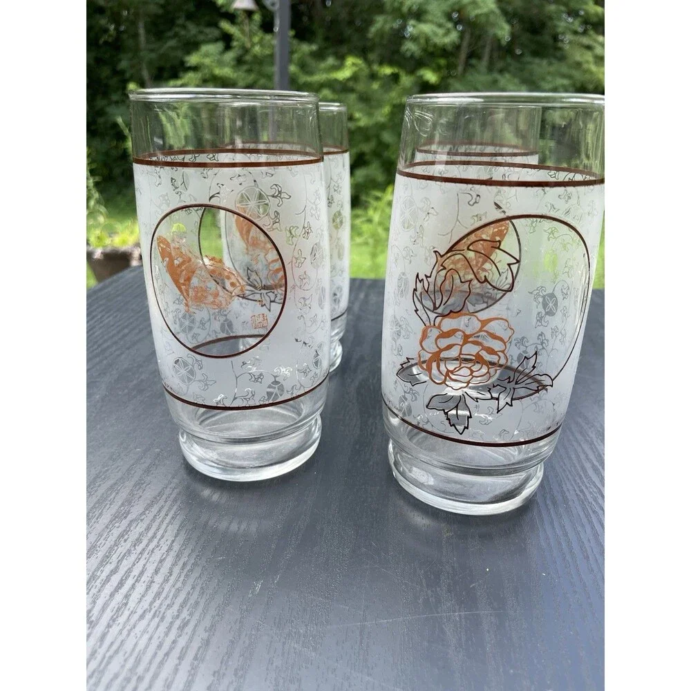Vintage Anchor Hocking Rose/butterfly Drinking Glasses Set Of 4